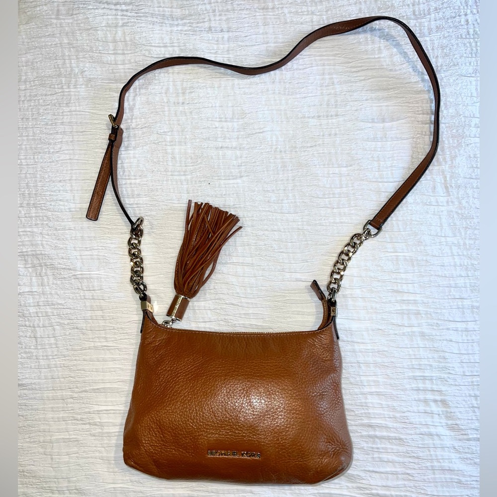 Michael Kors Weston Brown Pebble Leather crossbody with tassel zipper